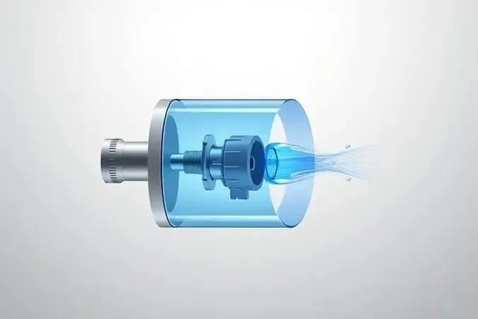 Ilustração 3D do funcionamento interno de um pressurizador de água mostrando o fluxo de água e aumento de pressão