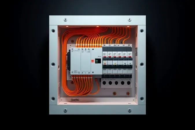 Render 3D conceitual em corte de quadro de distribuição mostrando fluxo de energia entre disjuntores e circuitos