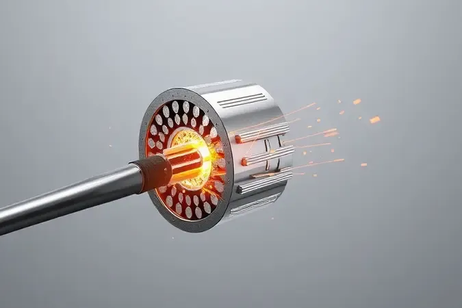 Renderização 3D conceitual ilustrando o princípio de funcionamento da soldagem MIG sem gás com arame tubular em close-up estilizado.
