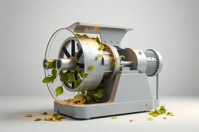 Renderização 3D conceitual mostrando funcionamento interno de triturador e forrageiro processando material orgânico