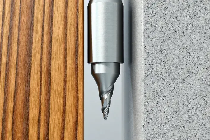 Render 3D mostrando broca perfurando diferentes materiais como madeira, metal e concreto em corte transversal