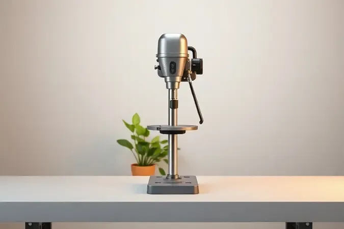 Renderização 3D conceitual de furadeira de bancada genérica em estúdio minimalista com iluminação suave e bancada limpa
