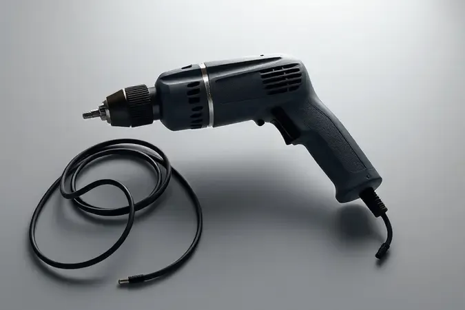 Renderização 3D de furadeira elétrica com fio genérica destacando potência e robustez em composição minimalista.