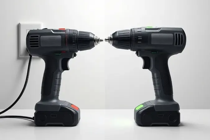 Comparação visual 3D entre furadeira de impacto com fio conectada à tomada e modelo a bateria com pack de íons de lítio.