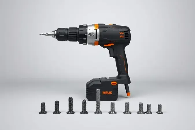 Renderização 3D mostrando furadeira de impacto com bits intercambiáveis de broca e ponta de parafusadeira, ilustrando sua versatilidade de uso.