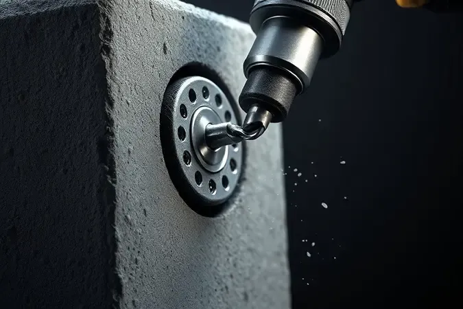 Render 3D de mecanismo de furadeira de impacto perfurando bloco de concreto com partículas suspensas e iluminação dramática.