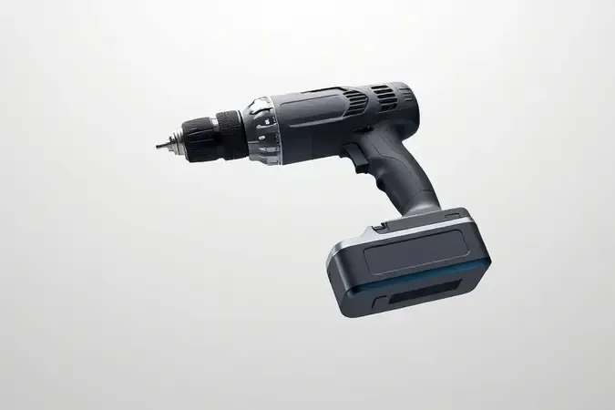 Render 3D de parafusadeira sem fio flutuando com bateria desconectada e arco de energia azul simbolizando autonomia.