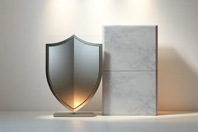 Composição abstrata representando certificação de qualidade e garantia para impermeabilizantes em renderização 3D sofisticada.