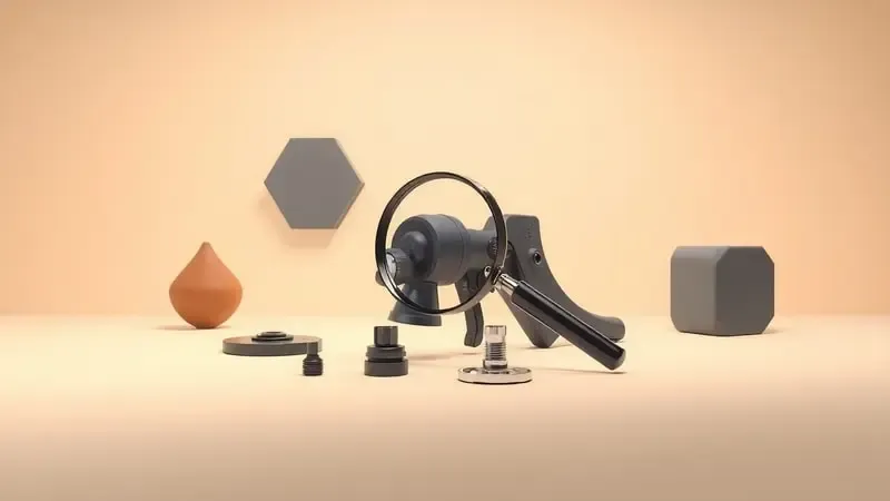 Render 3D conceitual de guia de compra com pulverizador airless desmontado e formas geométricas abstratas representando critérios de decisão.