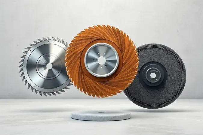 Renderização 3D de três discos para esmerilhadeira flutuando em composição clean para metal madeira e desbaste.