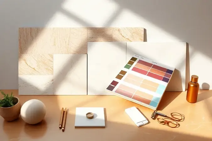 Render 3D de mesa de design com amostras de porcelanato e paleta de cores de rejunte sob luz natural suave.