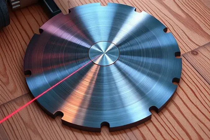 Renderização 3D de guia laser sobre base de serra circular projetando linha vermelha de precisão em madeira