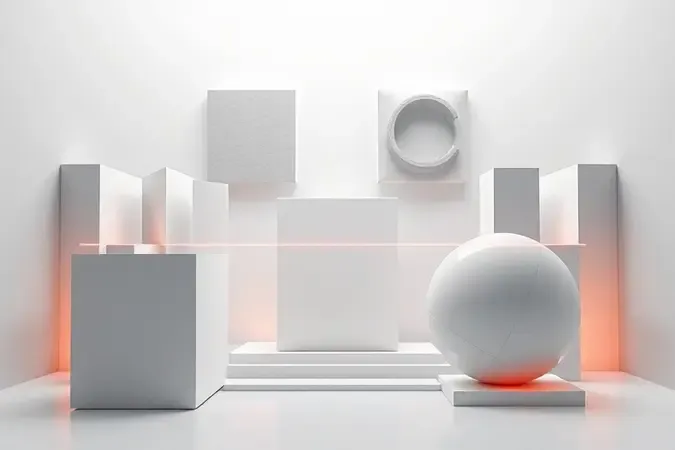 Composição 3D abstrata com linhas laser precisas cruzando formas geométricas representando precisão técnica em medição.