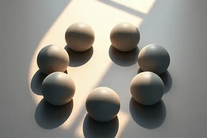 Hemisferios de cimento com diferentes texturas em arranjo circular sob iluminação natural diagonal representando variedade de cimentos Intercement.