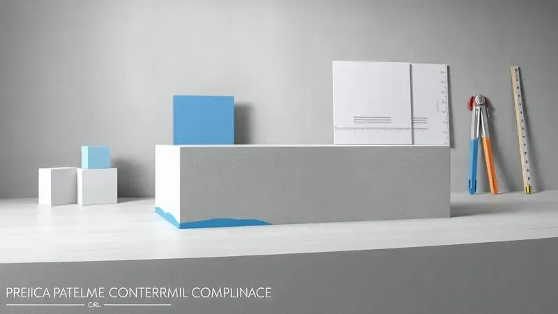 Render 3D conceitual de impermeabilização de baldrame com elementos geométricos representando normas técnicas NBR.