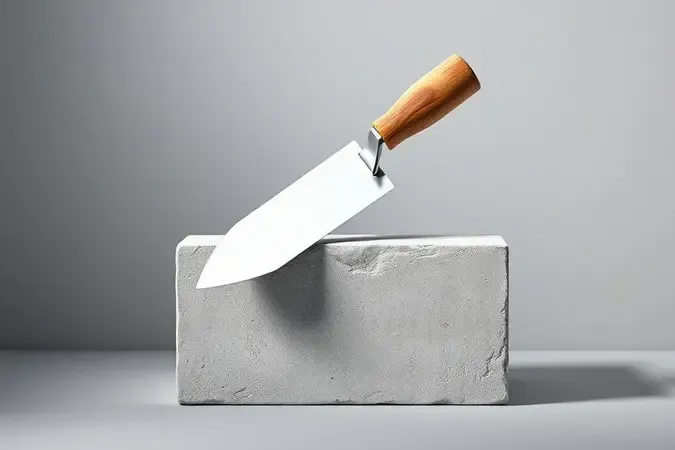 Colher de pedreiro de alta qualidade sobre bloco de concreto representando a importância de boas ferramentas na construção civil.