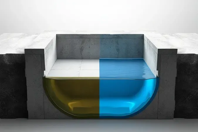 Ilustração 3D comparando baldrame protegido com impermeabilizante e outro exposto à umidade em corte transversal.