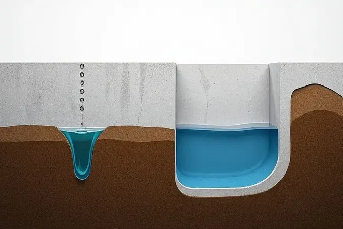 Render 3D mostrando infiltração de umidade em baldrame sem proteção comparado a um baldrame protegido com barreira impermeabilizante.