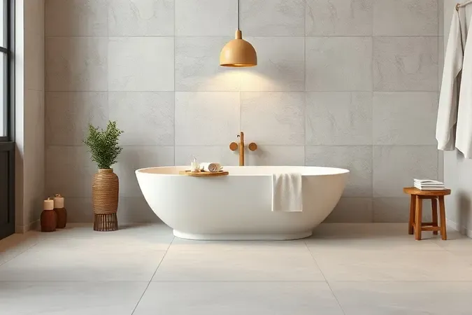 Ambiente de banheiro inspirador com porcelanato acetinado, banheira independente e iluminação aconchegante em renderização 3D conceitual.