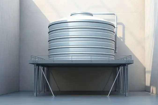 Renderização 3D conceitual de instalação elevada de caixa d'água com estrutura de suporte e acesso para manutenção