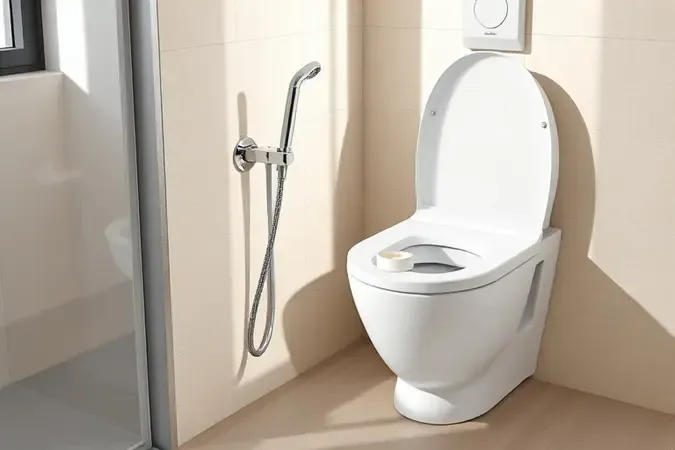 Renderização 3D conceitual de instalação de ducha higiênica cromada na parede com ferramentas básicas ao lado do vaso sanitário.
