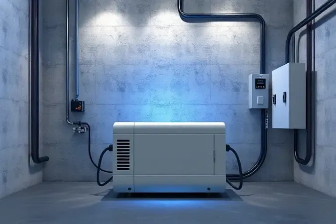Render 3D conceitual de instalação elétrica moderna com gerador estilizado sendo conectado a painel de energia por mãos geométricas.
