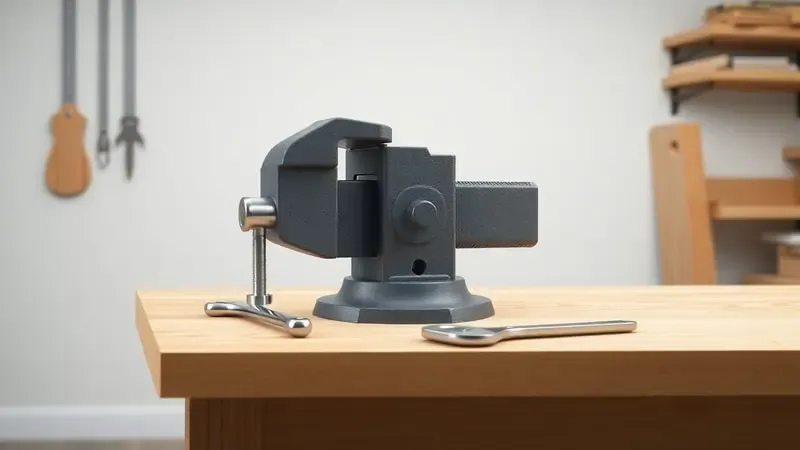 Render 3D ilustrativo do processo de instalação de uma morsa de bancada em bancada de madeira com ferramentas de montagem.