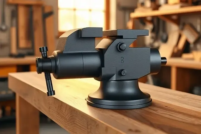 Renderização 3D de morsa de bancada sendo instalada em bancada de madeira com parafusos de fixação visíveis.