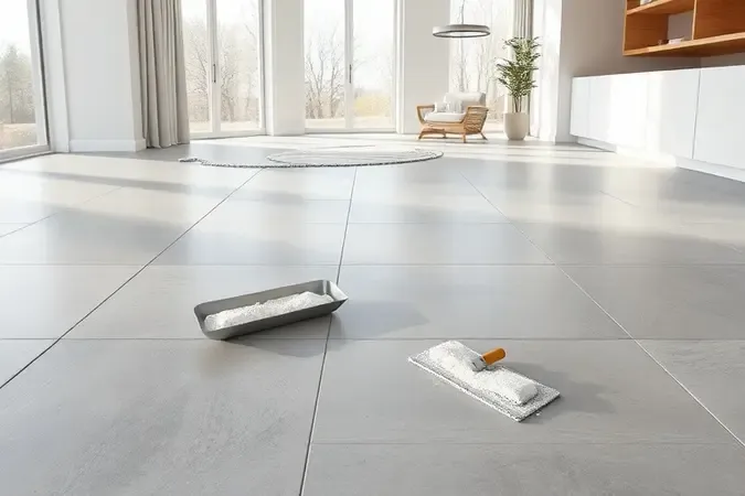Instalação de porcelanato de grandes formatos com argamassa em piso de ambiente contemporâneo render 3D.