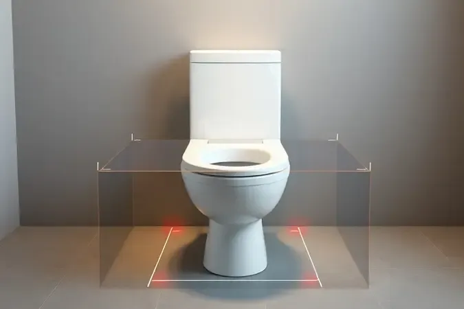 Conceito 3D de instalação de vaso sanitário com marcadores geométricos translúcidos representando precisão técnica e alinhamento.