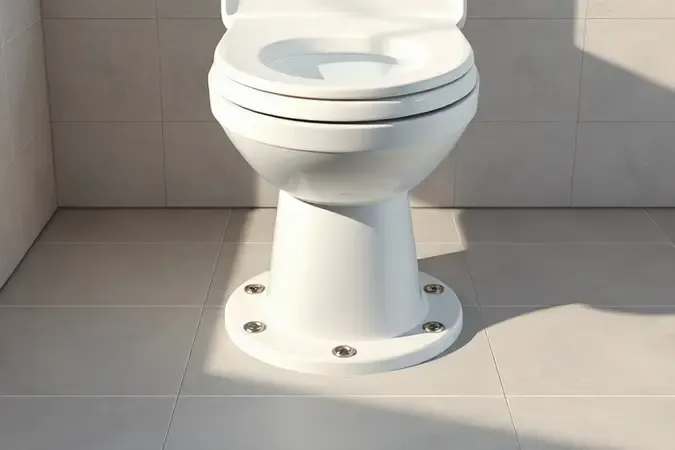 Processo de instalação de vaso sanitário em render 3D conceitual mostrando alinhamento com flange no piso.