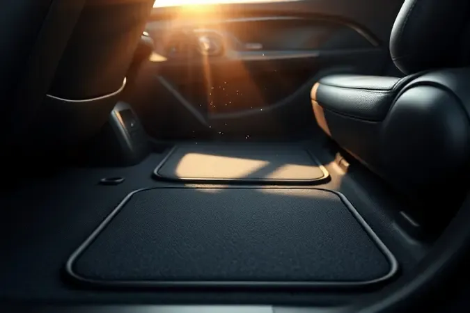 Renderização 3D de interior de carro luxuoso impecavelmente limpo com couro e tapete imaculados iluminados por luz solar suave e acolhedora.