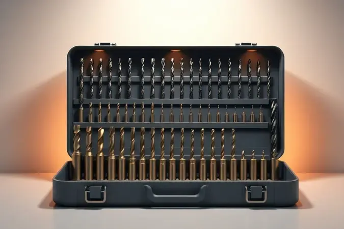 Organizador de jogo de brocas com mais de vinte peças abertas e organizadas por tamanho em renderização 3D conceitual