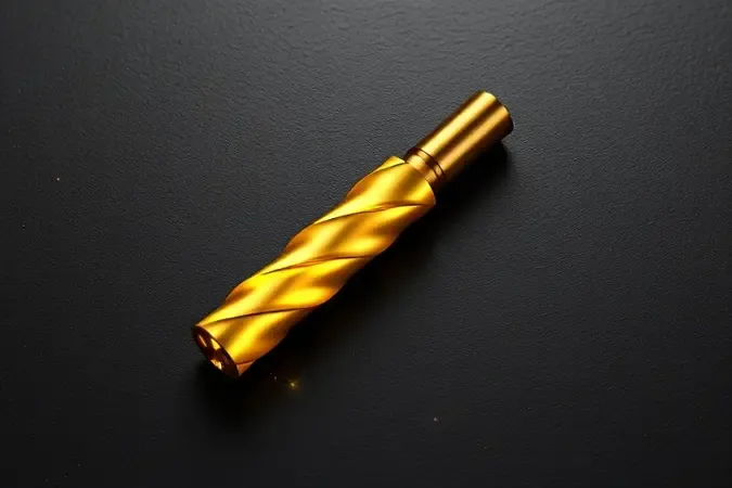 Render 3D conceitual de broca com revestimento de titânio dourado destacando qualidade premium.