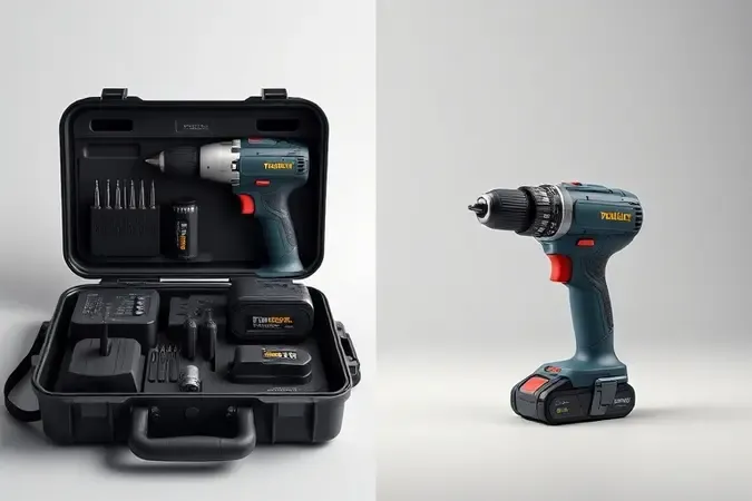 Renderização 3D comparando kit completo de parafusadeira com baterias e acessórios versus ferramenta individual bare tool