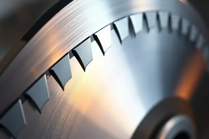 Detalhe em close-up de lâmina de serra fita para corte de carne com dentes metálicos precisos e reflexos de luz.