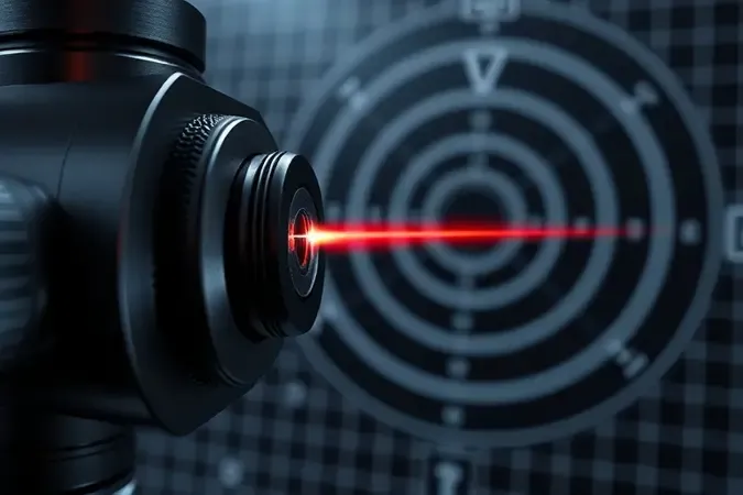 Close-up de emissor de laser de alta precisão com feixe focado em alvo de medição.