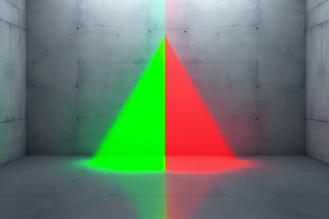 Comparação visual entre linhas de laser verde e vermelho projetadas lado a lado em renderização 3D conceitual.