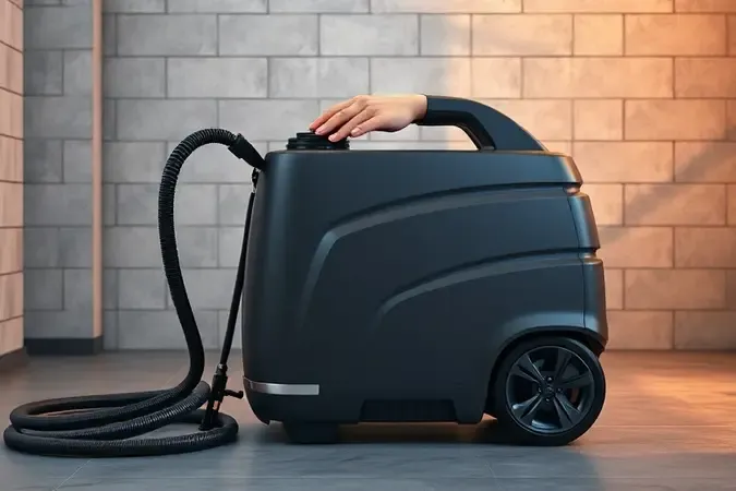 Cena conceitual 3D de pessoa iniciando contato com lavadora de alta pressão em garagem limpa, com iluminação suave e tons neutros.