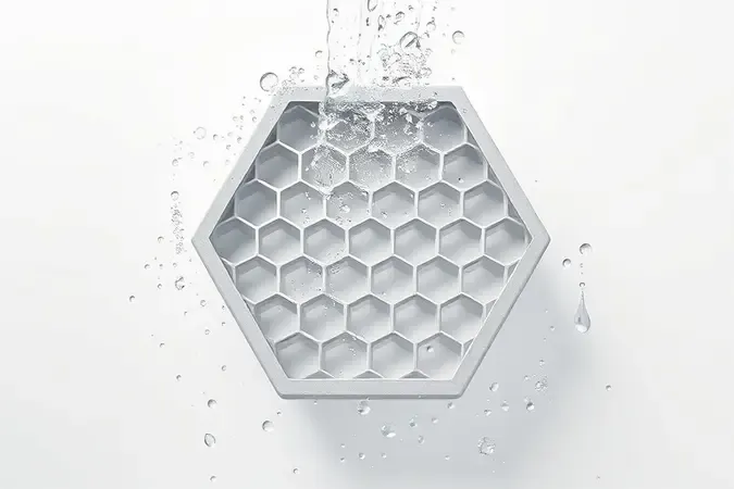 Conceito 3D de limpeza de filtro de aspirador com jatos de água cristalina sobre superfície geométrica em padrão honeycomb