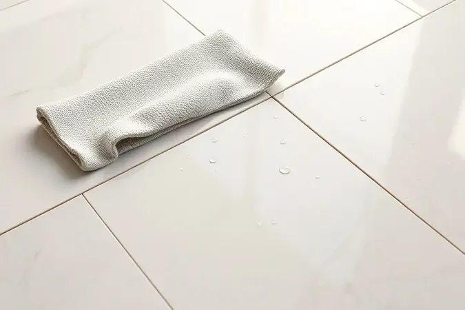 Cena conceitual de limpeza de porcelanato com pano de microfibra e gotas de água em render 3D.