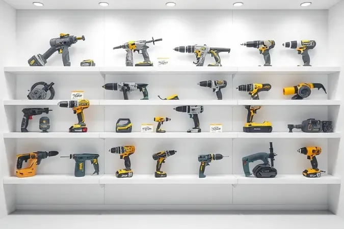 Render 3D de diferentes linhas de ferramentas elétricas modernas em exposição minimalista.