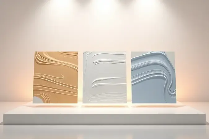 Amostras de diferentes texturas de tinta em superfície limpa representando linhas variadas de pintura residencial.