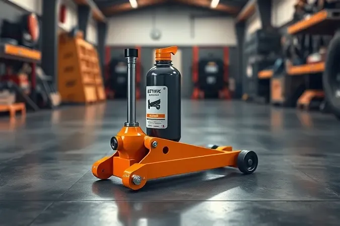 Renderização 3D de macaco jacaré hidráulico profissional em ambiente de oficina, com estética industrial limpa e materiais realistas.
