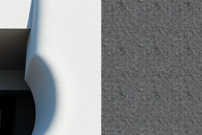 Comparação conceitual entre acabamento emborrachado flexível e textura asfáltica densa em superfície arquitetônica moderna