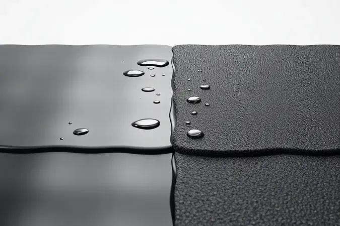Comparação 3D entre manta líquida emborrachada flexível e manta asfáltica rígida repelindo gotas de água.