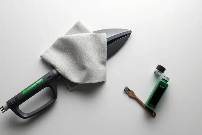 Cena conceitual 3D de manutenção de aparador de grama com pano de microfibra e acessórios de limpeza organizados