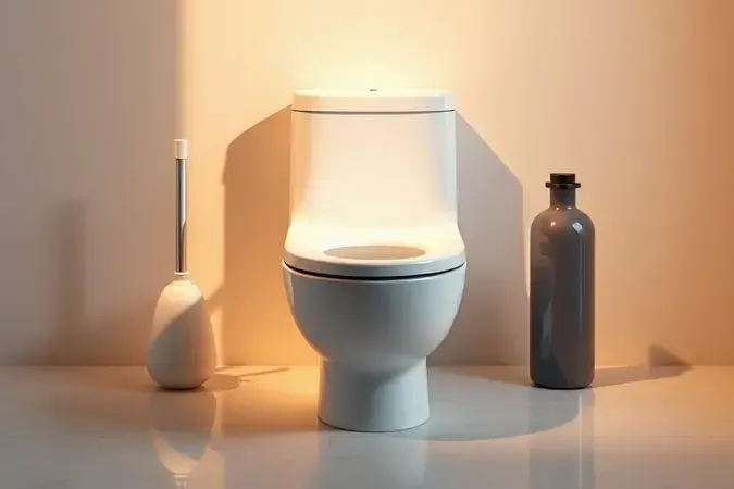 Kit conceitual de manutenção básica ao lado de vaso sanitário moderno em renderização 3D com atmosfera clean e sofisticada