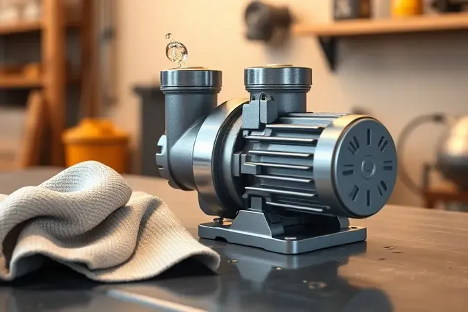 Renderização 3D conceitual de bomba periférica em contexto de manutenção com pano de limpeza e gotas de água.