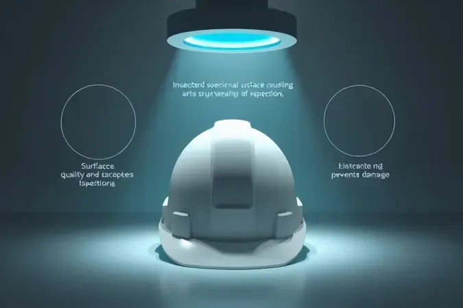 Render 3D conceitual de capacete de segurança sob inspeção com elementos abstratos representando manutenção preventiva